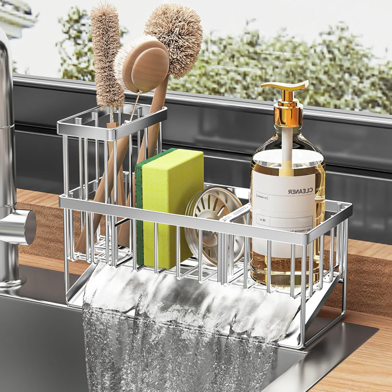 304 Rustproof Stainless Steel Kitchen Sink Caddy, High Brush Holder, Sponge Holder & Soap Dispenser Organizer, Silver