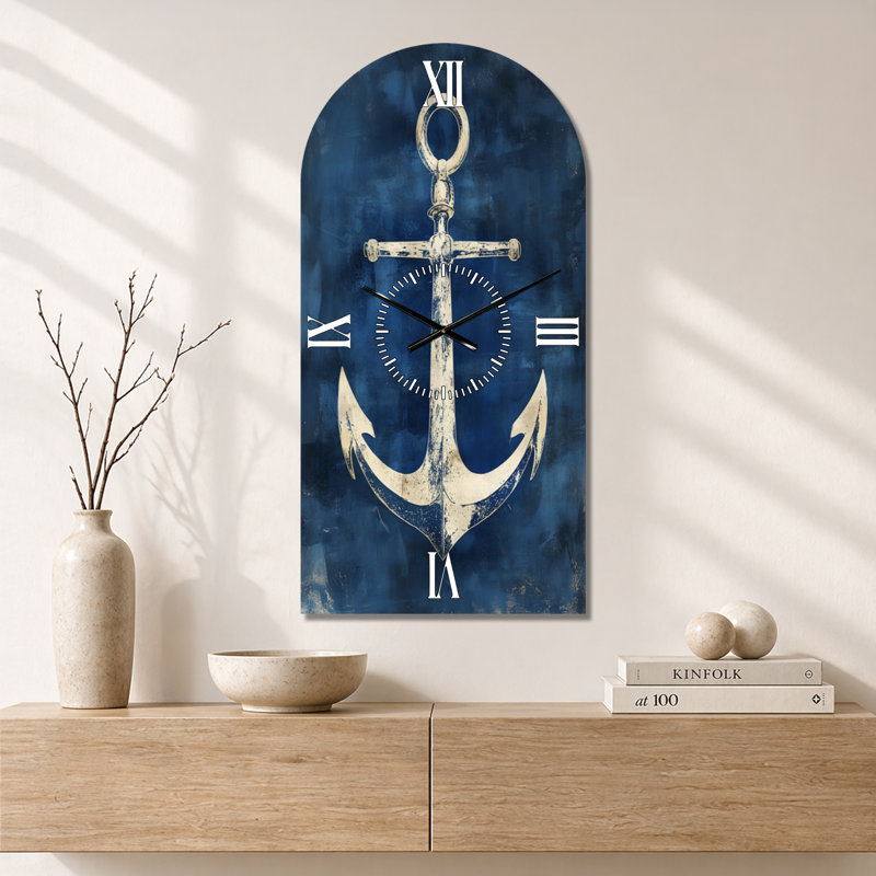Horloge murale en métal de style arche nautique « Ancre dans les profondeurs indigo I », 39" H x 19" W - Arch