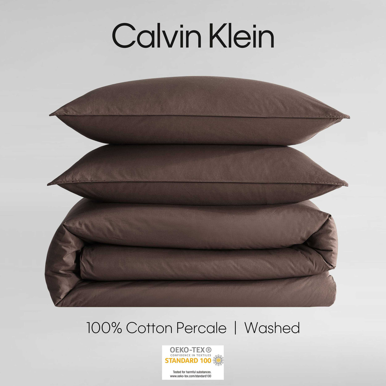 Calvin Klein Washed Percale Solid Cotton Duvet Cover Set, Queen Duvet Cover + 2 Standard Shams, Earth Brown