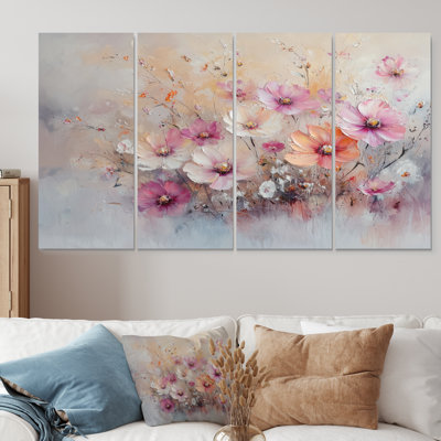 Coucher de soleil rose pastel aux fleurs sauvages I - décoration murale fleurs sauvages - art mural traditionnel 4 pièces