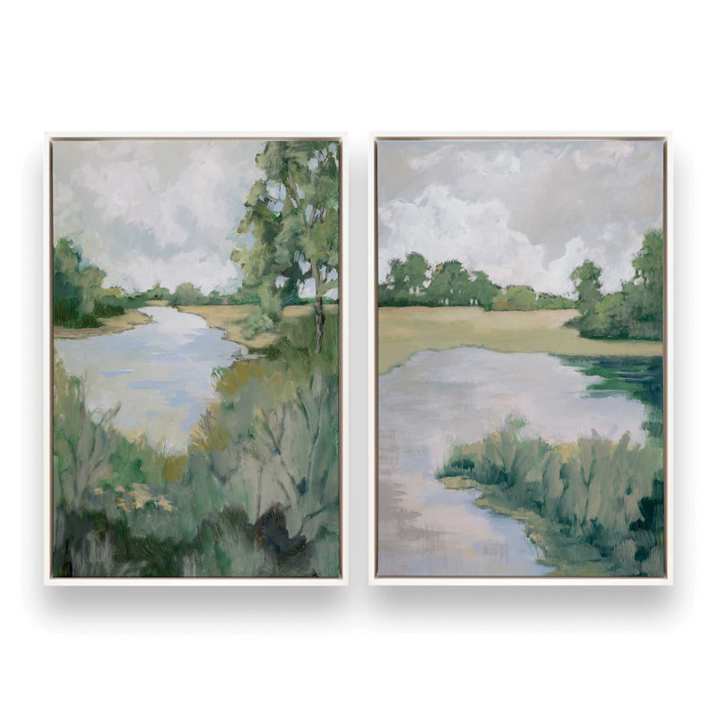 Ensemble de 2 impressions Peaceful Riverside View, Cadre flottant en chrome poli, H 31,5 po x l 43 po x P 1,75 po