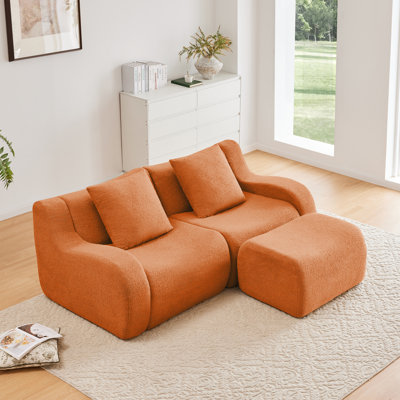 L-Shaped Teddy Fabric 2-Seat Boneless Sofa,No Assembly Required Curved Armrest,Streamlined Design Ergonomic Design ,32D High Density Sponge For Living Rooms Rest Areas Bedroom,Orange