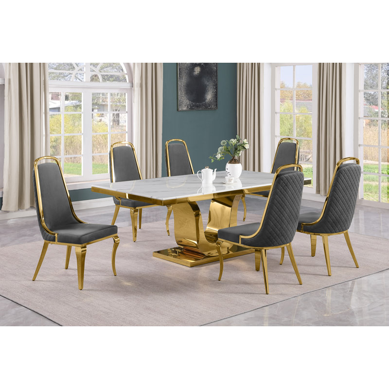 Kimoria Marble Top Pedestal Dining Set, Gray, 7
