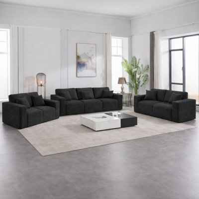 106" Small Living Room Set For 7, Compression Sofa, Black Corduroy