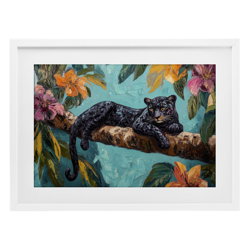 «Lazy Day Black Leopard», reproduction sous verre encadrée, design par Petal Prints Design, H 17 po x l 23 po