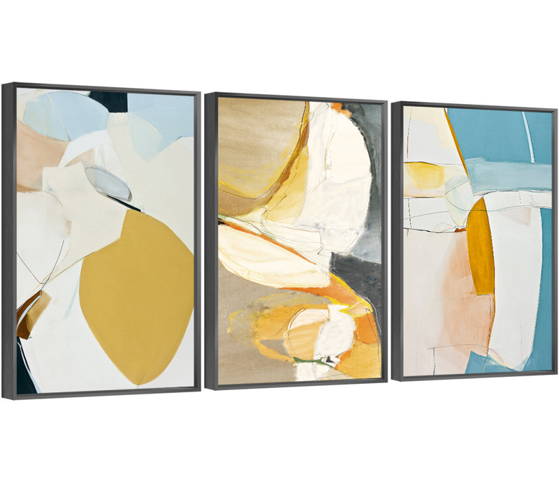 Abstrait aluminium encadré, ensemble de 3 reproductions d'art encadrées sur toile 2, H 24,3 po x l 48,3 po x P 1,65 po, Or