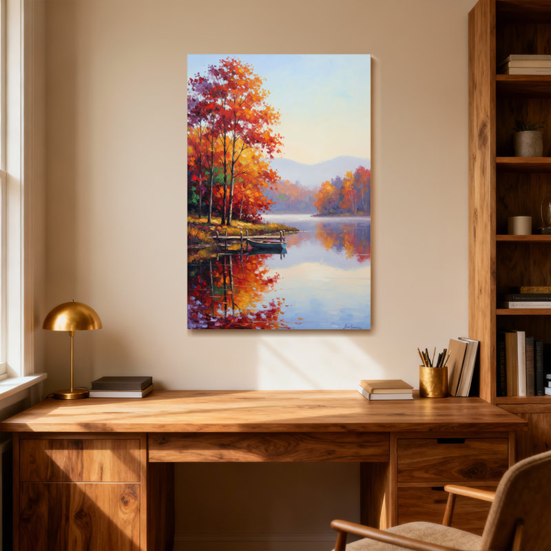 Paysage et nature Arbres d'automne Reflet du lac Bateau Quai Montagnes Ciel, H 30 po x l 20 po