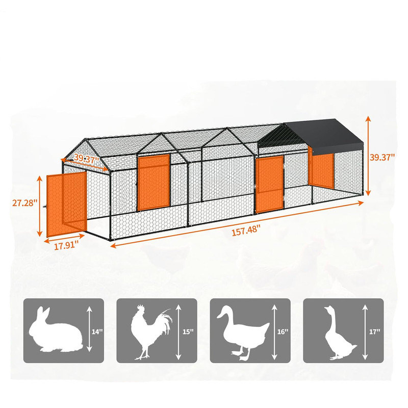 Grand poulailler en métal, poulailler de 160 po x 40 po x 40 po pour cour avec couvercle, cage de volaille avec 4 portes verrouillables