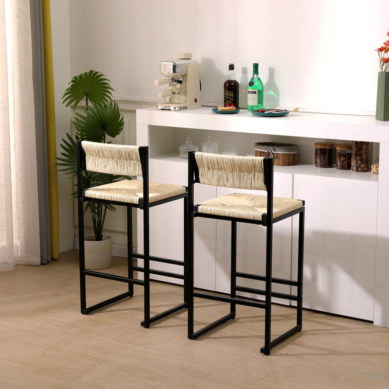 Ensemble de 2 tabourets de bar en papier tissé à la main avec repose-pieds pour îlot de cuisine et salle à manger