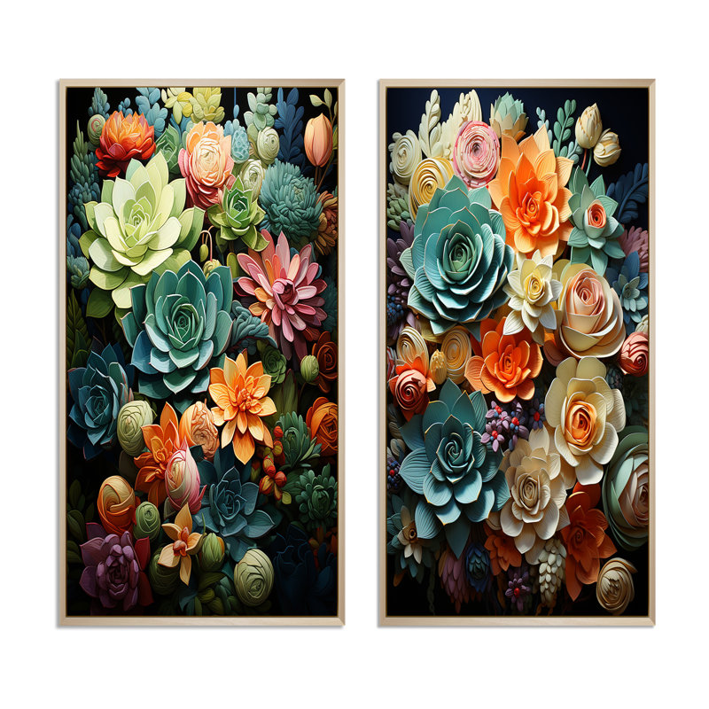 «Green Balck Succulent Serenity», 2 pièces, H 32 po x l 32 po, Encadrement brun