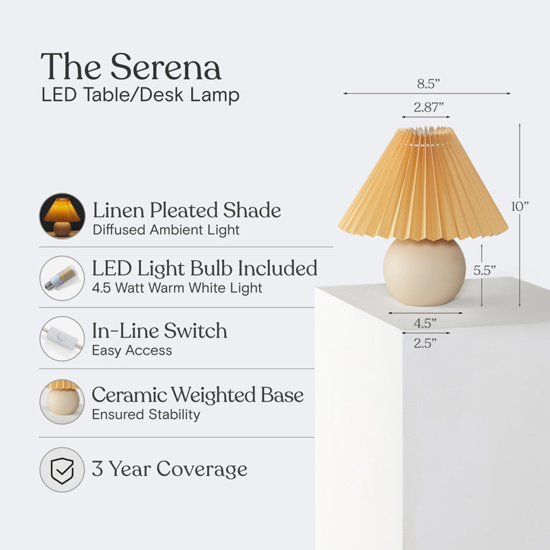 Brightech Serena 10" Ceramic LED Table Lamp - Retro Inspired Globe Base with Cream Pleated Shade