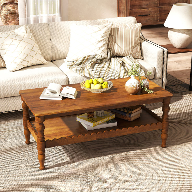 Table basse rectangulaire en bois massif avec tablette de rangement, table basse à 2 niveaux Farmhouse, pieds classiques laqués, canapé central facile à assembler pour le salon