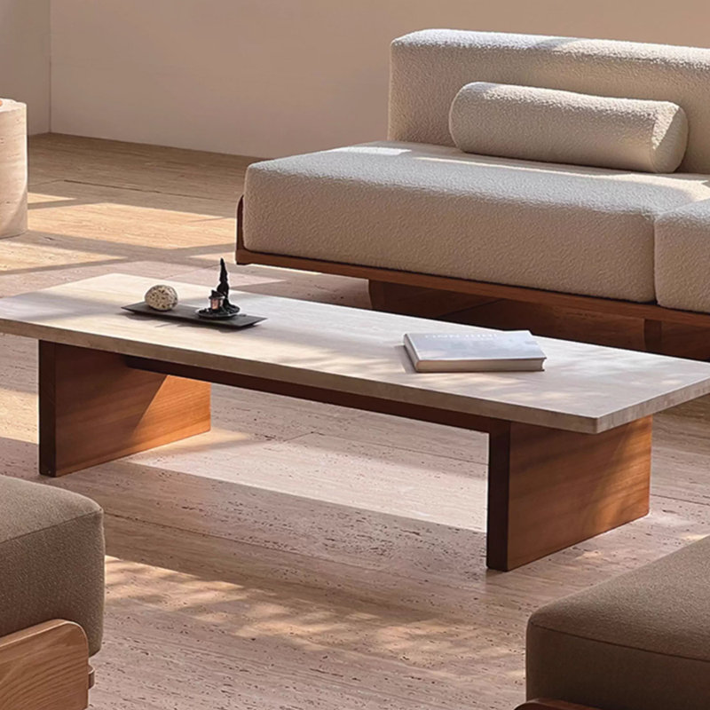 Wabi-sabi style natural travertine coffee table, 13.77" H x 59.05" L x 19.68" W