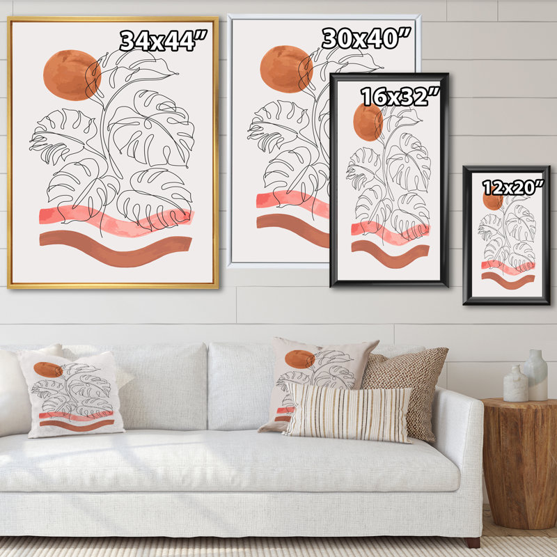 One Line Tropical Leaf Plant - Peinture sur toile, H 44 po x l 34 po x P 1,5 po, Cadre flottant noir