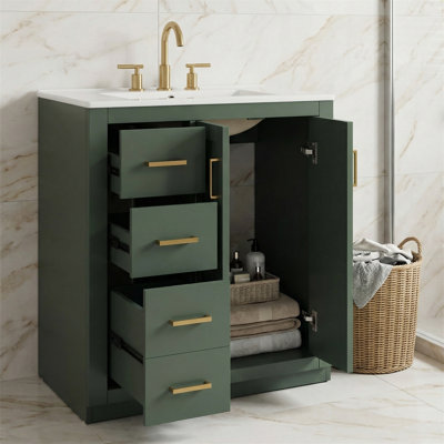 Meuble-lavabo de salle de bain 30 po avec lavabo en céramique, 3 tiroirs et portes à fermeture douce, armoire de rangement sur pied en bois massif - Vert