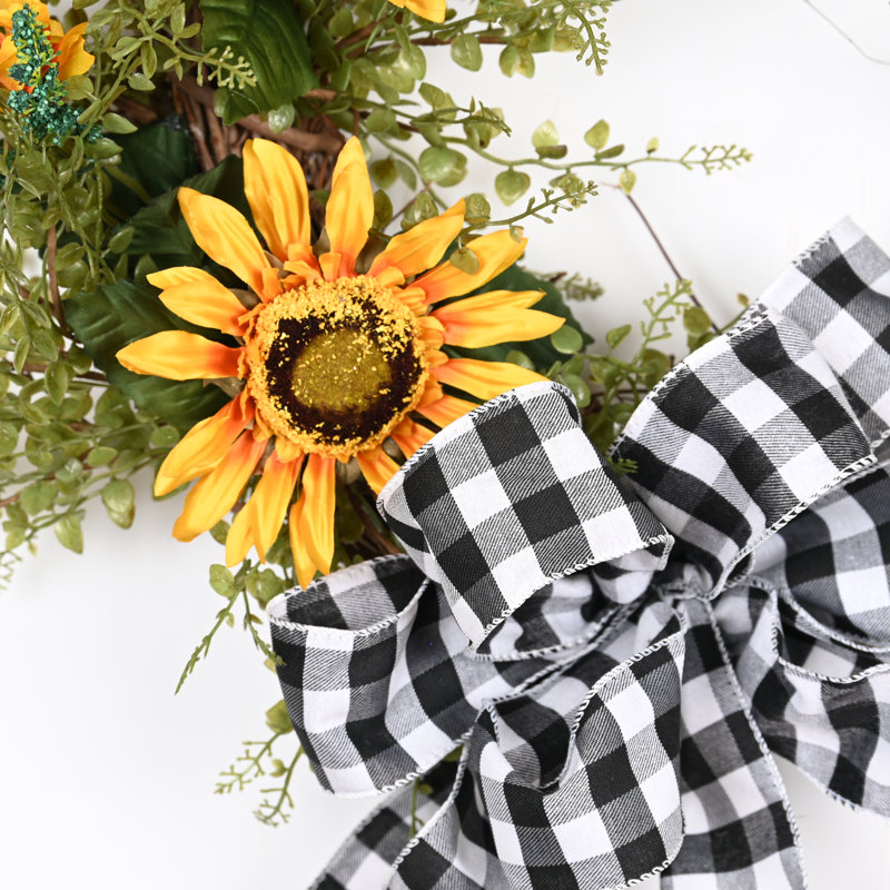 24" Artificial Spring Summer Mini Eucalyptus Sunflower Front Door Wreath With Bow