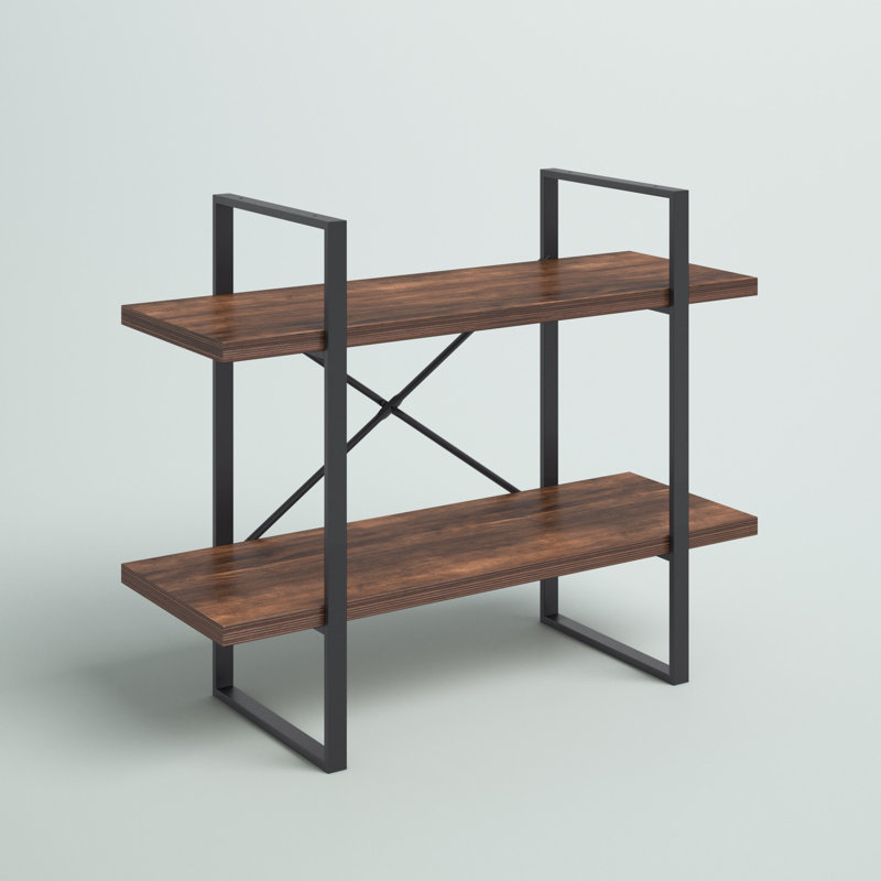 Adjustable Brown Wood Ladder Bookcase with Industrial Metal Frame