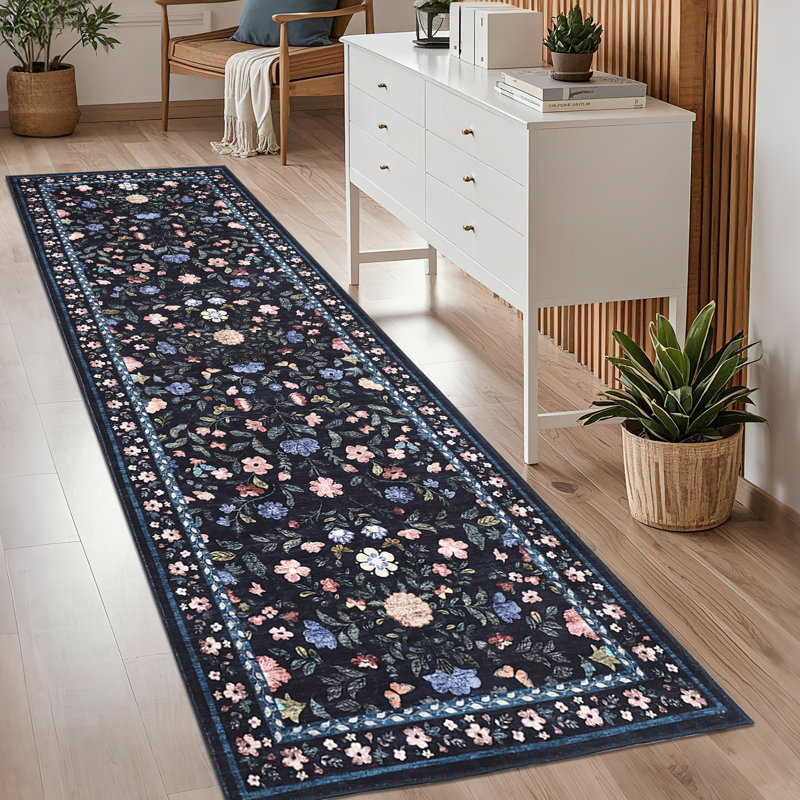 Washable Rugs Non Slip Area Rugs for Bedroom,Farmhouse Floral Carpets for Hallway,Dining Room,Bathroom,Nursery, Blue