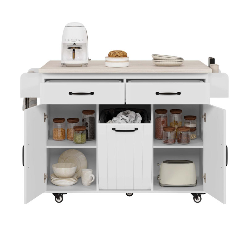 K&K Kitchen Island With Trash Can Storage Cabinet, Kitchen Cart With Drop Leaf, Spice Rack, Towel Rack And Drawer, Rolling Kitchen Island On Wheels With Adjustable Shelf, White