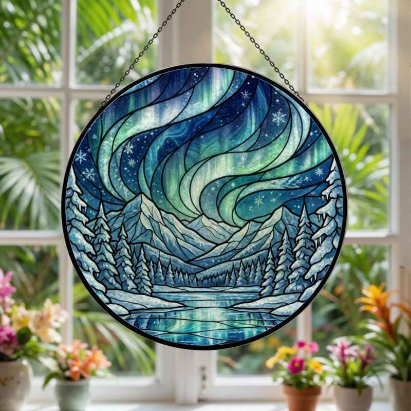 Panneau de vitrail en verre coloré 7,8 po H Northern Lights, H 7,8 po x l 7,8 po