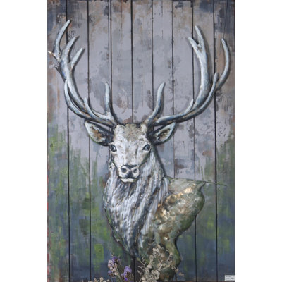 Stag Deer Buck 3d Wall Mount Oil Painting Metal and Wood Indoor/Outdoor Paint