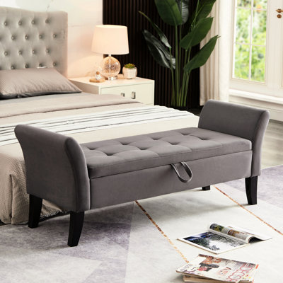 Banc de lit de 51,5 po avec rangement extérieur en velours gris - Chaussure d'apparence attrayante, rembourrage en mousse confortable d'aspect classique, pieds en bois massif, idéal pour le couloir, la chambre à coucher et le salon