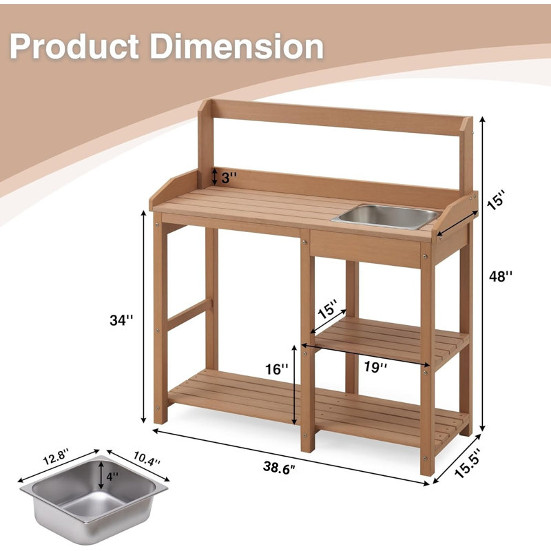 Banc de rempotage extérieur avec évier en acier inoxydable et tablettes de rangement, jardin et porche résistant aux intempéries, à l'humidité et au soleil, teck