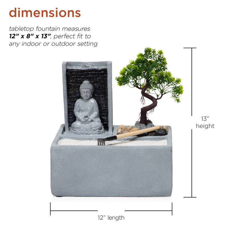 Gray Cement Buddha Bonsai Garden Tabletop Fountain with LED Light