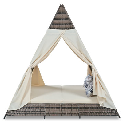 GO 90.5" Length Outdoor Sunbed With Pillows, Wicker Patio Daybed With Cushions, Tent Shape (King Size)