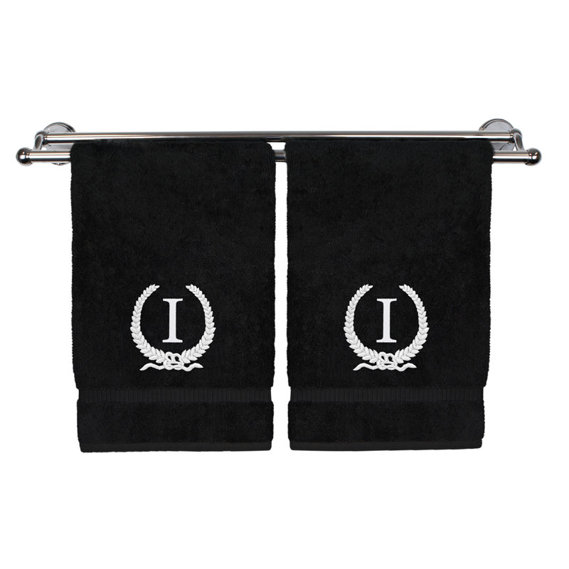 Essuie-mains monogramme - ensemble de 2 - lettre de conception de couronne, Noir / blanc, I