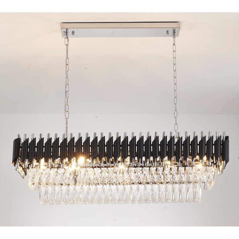 Lustre 12 lumières avec cristal transparent de forme rectangulaire, Noir / chrome