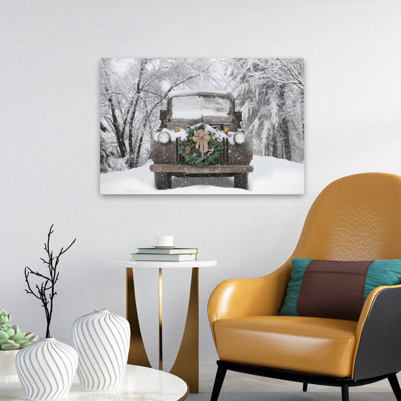 Livraison de Noël rétro - vue de face rétro d'un camion rétro enneigé, H 16 po x l 24 po