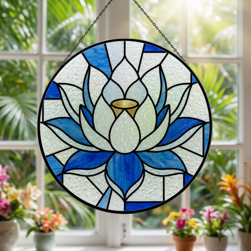 7.8"H Blue Lotus Stained Glass Window Panel, 7.8" H x 7.8" W