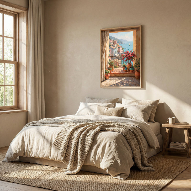 Art mural sur toile coloré avec vue sur le village et l'océan, 48"H x 36"W