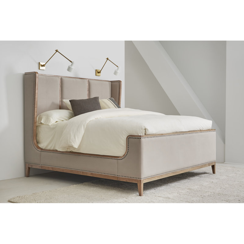 California King Beige Upholstered Oak Bed with Nailhead Trim