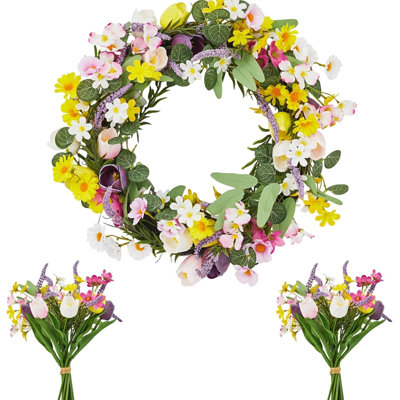 22in Faux Tulip Wreath, Artificial Tulip and Lavender Wreath with 2 Matching Bouquets, Fake Flower Door Wreath with Real Rattan Base, Front Door Home Decor