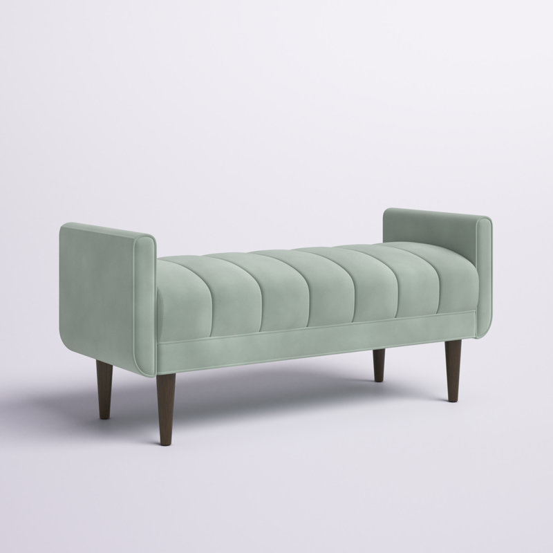 Pistachio Green Velvet Upholstered Channel Bench with Dark Wood Legs