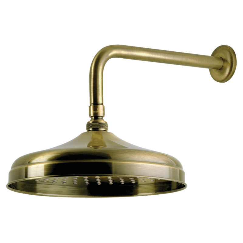 Pomme de douche ronde en laiton avec bras de douche de 12 po Kingston, Laiton antique