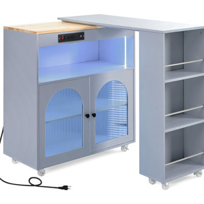 Kitchen Island With Extended Table, Fluted Glass Doors, Led Lights, Power Outlets & Versatile Function, Grey Rolling Electrical Storage Cabinet