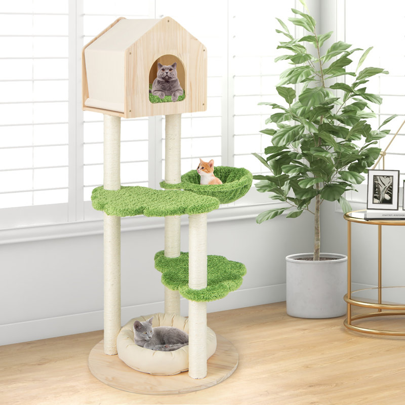 Green and Beige 55'' Tall Wooden Cat Tree with Sisal Posts
