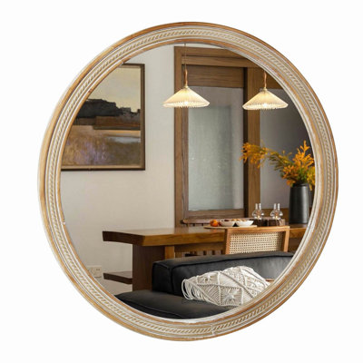 Round Decorative Wall Mirror with Woven Rattan-Textured Frame (23.62"), Rustic Modern Accent Mirror for Bathroom/Vanity/Living Room (Easy Wall-Mount D