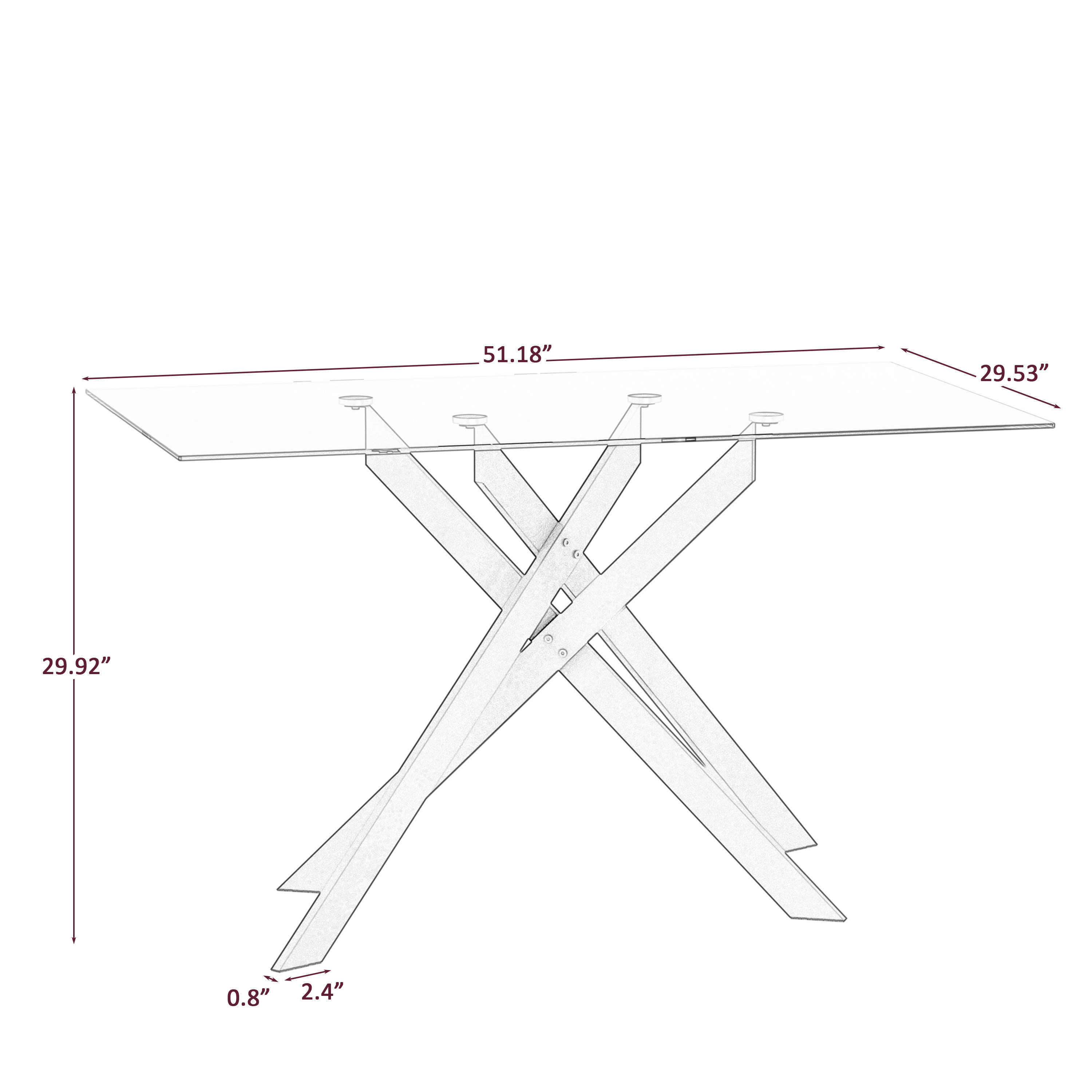 Carlinda Glass Dining Table for 4-6 People, Rectangular Kitchen Table with Cross Metal Legs, Modern Dining Table for Small Spaces