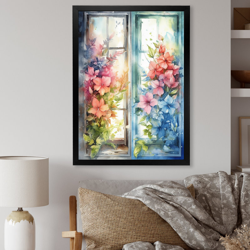 Fenêtre de fleurs I - art mural fenêtre, Cadre photo noir, H 20 po x l 12 po