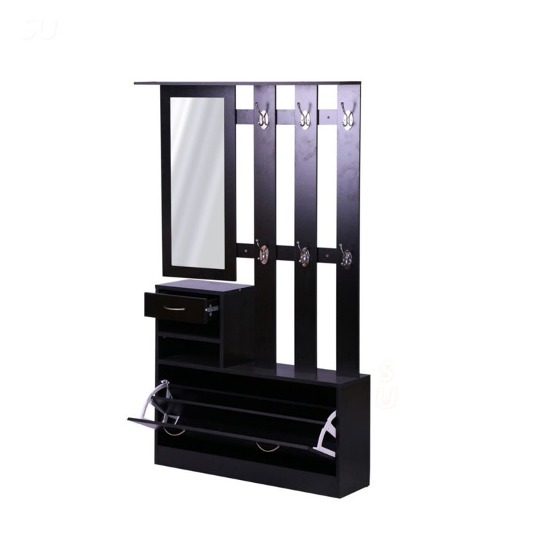 Armoire à portes combinées trois-en-un avec rangement pour chaussures, tablette suspendue et miroir pleine longueur pour une organisation à domicile efficace.