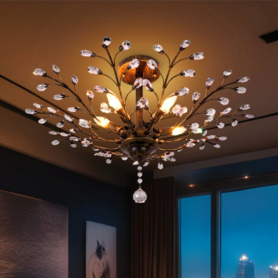 Plafonnier semi-encastré 5 lumières à intensité variable avec lustre en cristal