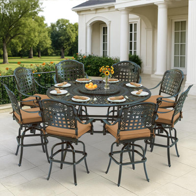  10-Piece Outdoor Bar Set, All Weather Cast Aluminum Patio Bar Furniture With 8 Cushioned Swivel Bar Stools, Large 60.98" Round Patio Bar Height Table With Detachable Lazy Susan, Umbrella Hole