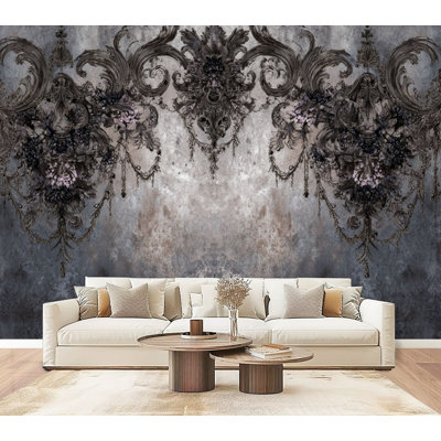Peel and Stick Wallpaper Opulent Baroque Scroll Motif Charcoal Taupe Grunge Details Wall Murals 69"H x 96"W Removable PVC Wall Paper Self-Adhesive Wall Decor for Bedroom Living Room Home Office