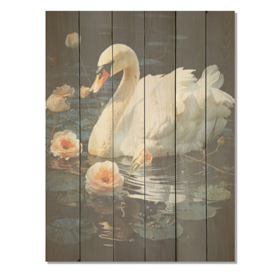 «Peaceful Swans Family I», art sur bois de pin naturel