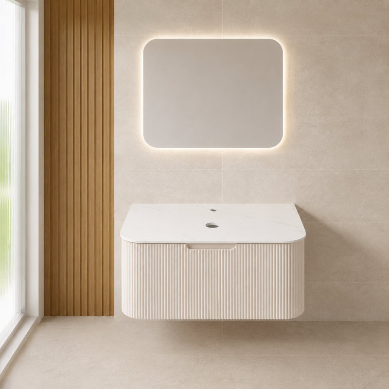 Meuble-lavabo mural de 76 cm (30 po) avec fini blanc et comptoir en pierre artificielle (lavabo non inclus).