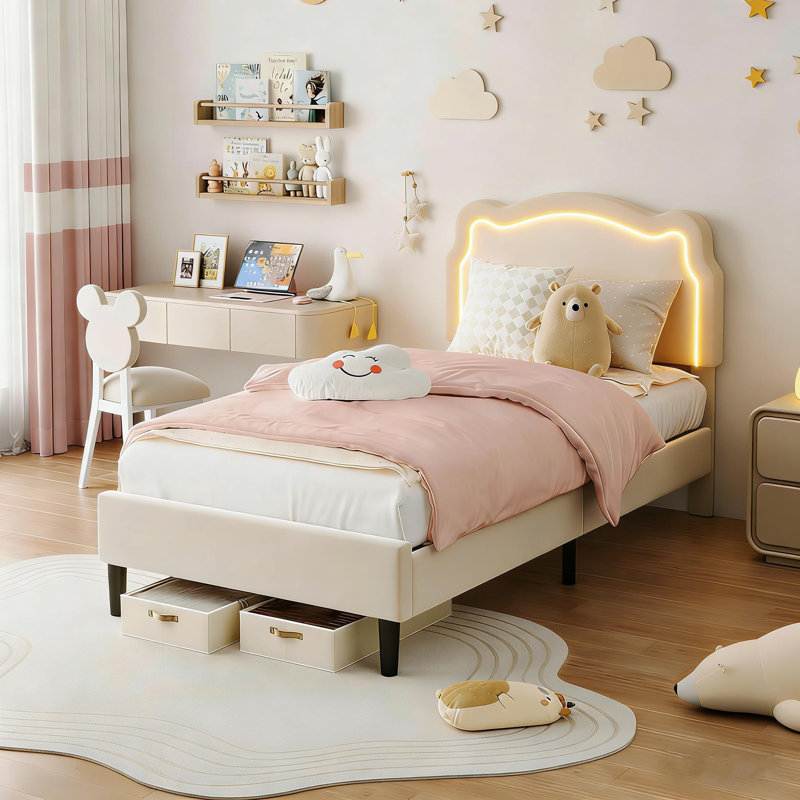 Structure de lit simple tapissier à DEL avec tête de lit et lattes en bois pour enfants, Beige